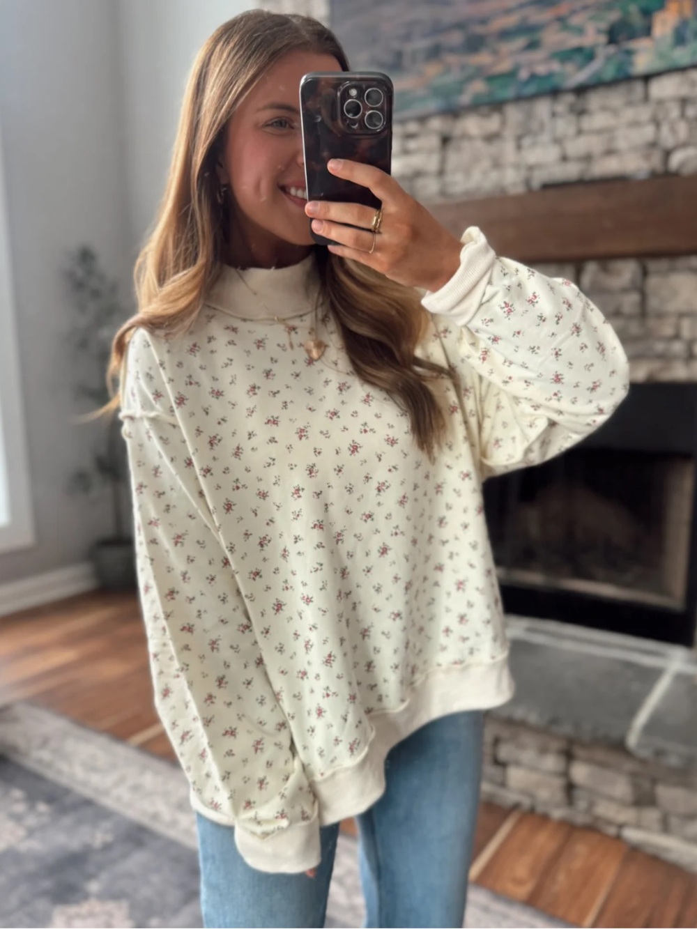 BUCKETLIST Cream Floral Mock Neck Sweater